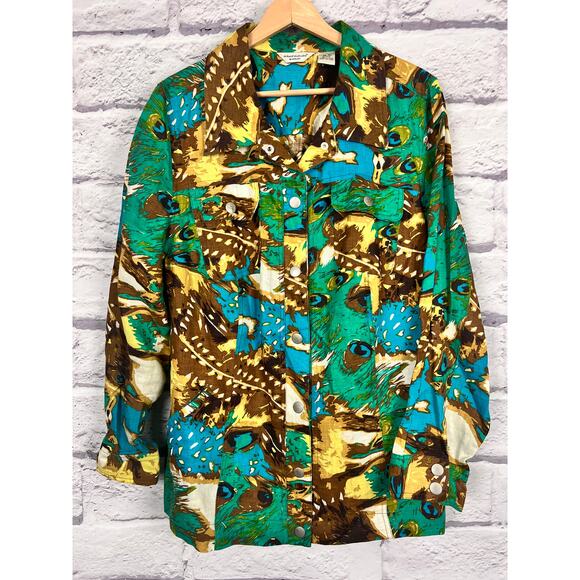Richard Malcolm Women's 1X Linen Artsy Maximalist Boho Eclectic Peacock Jacket - Picture 3 of 11